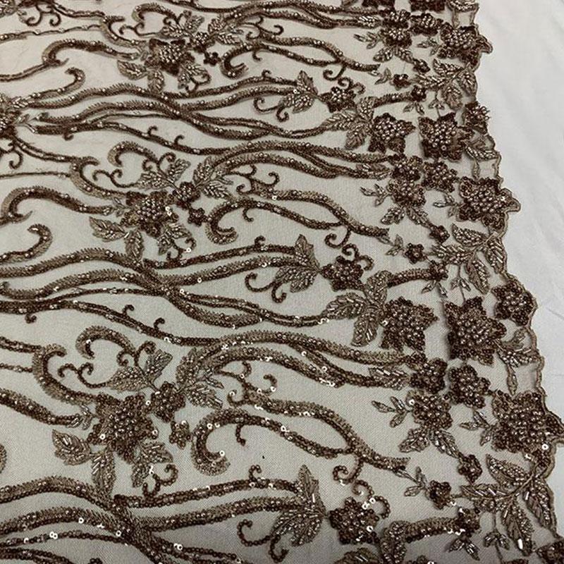 Elegant Flowers Embroidery Bridal Floral Beaded Mesh Lace FabricICEFABRICICE FABRICSTaupeElegant Flowers Embroidery Bridal Floral Beaded Mesh Lace Fabric ICEFABRIC Taupe