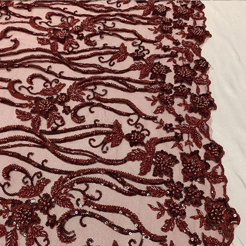 Elegant Flowers Embroidery Bridal Floral Beaded Mesh Lace FabricICEFABRICICE FABRICSBurgundyElegant Flowers Embroidery Bridal Floral Beaded Mesh Lace Fabric ICEFABRIC Burgundy