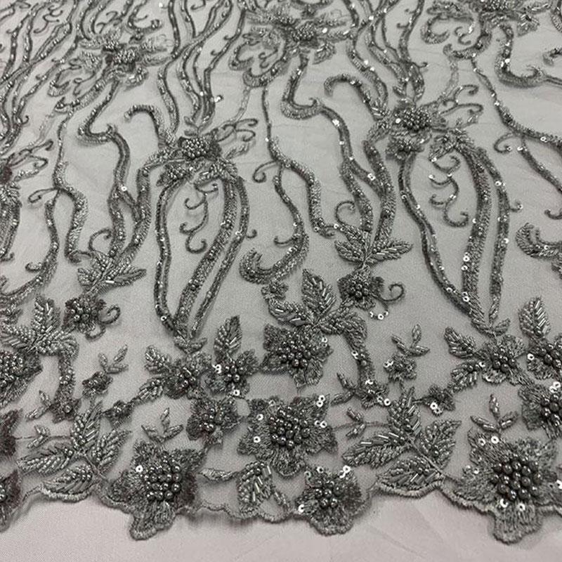 Elegant Flowers Embroidery Bridal Floral Beaded Mesh Lace FabricICEFABRICICE FABRICSGrayElegant Flowers Embroidery Bridal Floral Beaded Mesh Lace Fabric ICEFABRIC Gray