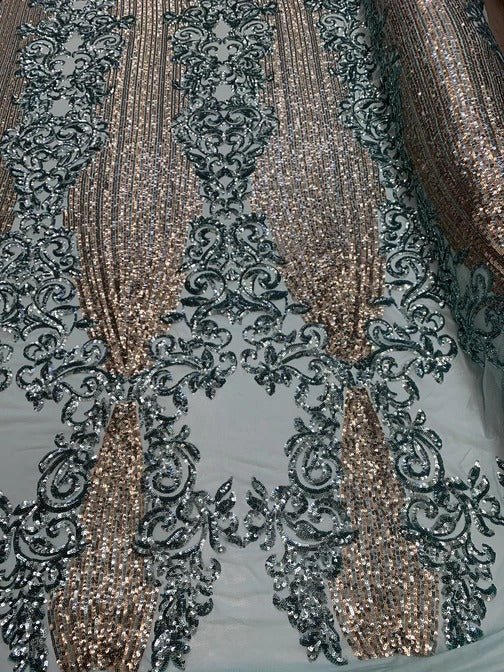 Elegant French Power Spandex Stretch Mesh Lace Sequin Fabric By The YardICEFABRICICE FABRICSMint/GoldBy The Yard (58" Wide)Elegant French Power Spandex Stretch Mesh Lace Sequin Fabric By The Yard ICEFABRIC Mint/Gold