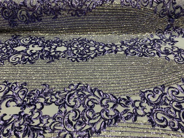 Elegant French Power Spandex Stretch Mesh Lace Sequin Fabric By The YardICEFABRICICE FABRICSBlack/GoldBy The Yard (58" Wide)Elegant French Power Spandex Stretch Mesh Lace Sequin Fabric By The Yard ICEFABRIC Lavender