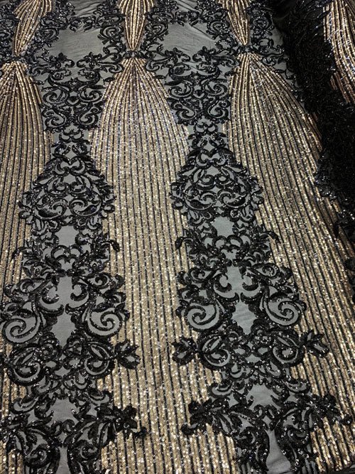 Elegant French Power Spandex Stretch Mesh Lace Sequin Fabric By The YardICEFABRICICE FABRICSBlack/GoldBy The Yard (58" Wide)Elegant French Power Spandex Stretch Mesh Lace Sequin Fabric By The Yard ICEFABRIC Black