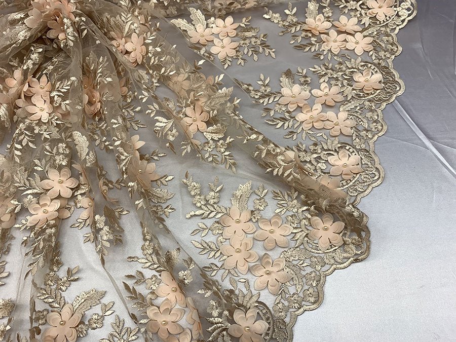 Embroider 3D Flowers Peach Bridal Floral Beaded Mesh Lace Fabric By The YardICEFABRICICE FABRICSEmbroider 3D Flowers Peach Bridal Floral Beaded Mesh Lace Fabric By The Yard ICEFABRIC