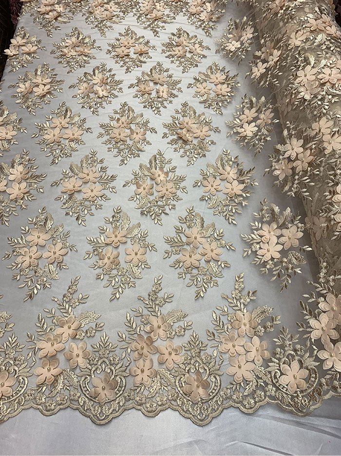 Embroider 3D Flowers Peach Bridal Floral Beaded Mesh Lace Fabric By The YardICEFABRICICE FABRICSEmbroider 3D Flowers Peach Bridal Floral Beaded Mesh Lace Fabric By The Yard ICEFABRIC