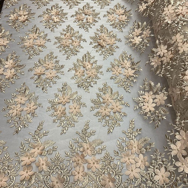 Peach 3D lace hand made fabric, Luxury hand 2024 made pearl beads by 3D flowers, French Lace, Embroidered lace, Wedding Lace, Bridal lace K00798