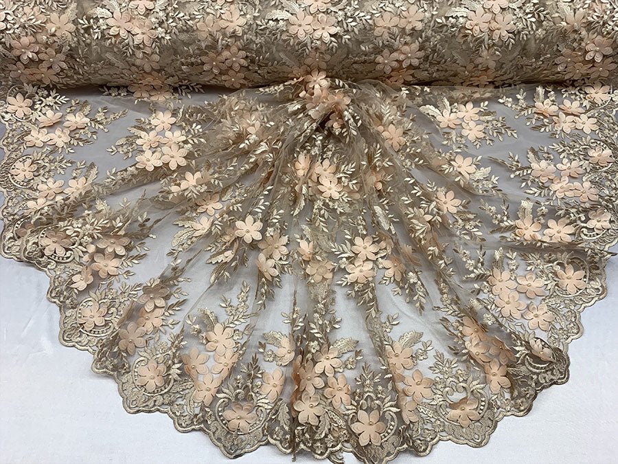 Embroider 3D Flowers Peach Bridal Floral Beaded Mesh Lace Fabric By The YardICEFABRICICE FABRICSEmbroider 3D Flowers Peach Bridal Floral Beaded Mesh Lace Fabric By The Yard ICEFABRIC