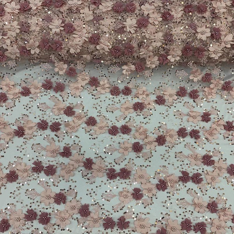 Embroidered 3D Flowers Beaded Lace Fabric With Sequins By The YardICEFABRICICE FABRICSOff WhiteEmbroidered 3D Flowers Beaded Lace Fabric With Sequins By The Yard ICEFABRIC Pink