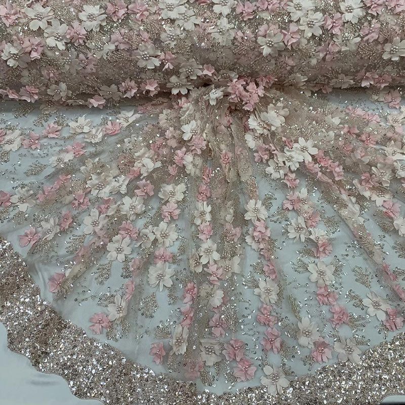 Embroidered 3D Flowers Beaded Lace Fabric With Sequins By The YardICEFABRICICE FABRICSLight PinkEmbroidered 3D Flowers Beaded Lace Fabric With Sequins By The Yard ICEFABRIC Light Pink