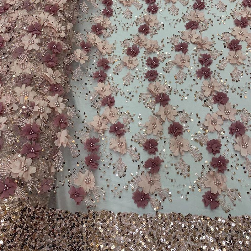 Embroidered 3D Flowers Beaded Lace Fabric With Sequins By The YardICEFABRICICE FABRICSOff WhiteEmbroidered 3D Flowers Beaded Lace Fabric With Sequins By The Yard ICEFABRIC Pink