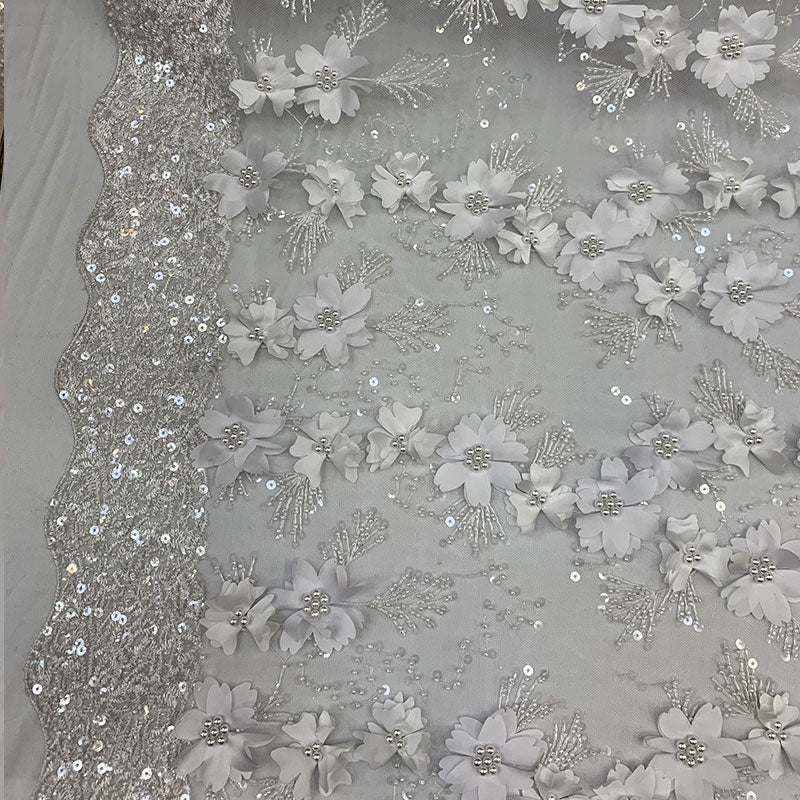 Embroidered 3D Flowers Beaded Lace Fabric With Sequins By The YardICEFABRICICE FABRICSWhiteEmbroidered 3D Flowers Beaded Lace Fabric With Sequins By The Yard White