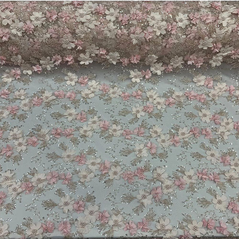 Embroidered 3D Flowers Beaded Lace Fabric With Sequins By The YardICEFABRICICE FABRICSWhiteEmbroidered 3D Flowers Beaded Lace Fabric With Sequins By The Yard ICEFABRIC Light Pink