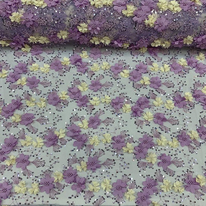 Embroidered 3D Flowers Beaded Lace Fabric With Sequins By The YardICEFABRICICE FABRICSLavenderEmbroidered 3D Flowers Beaded Lace Fabric With Sequins By The Yard ICEFABRIC Lavender