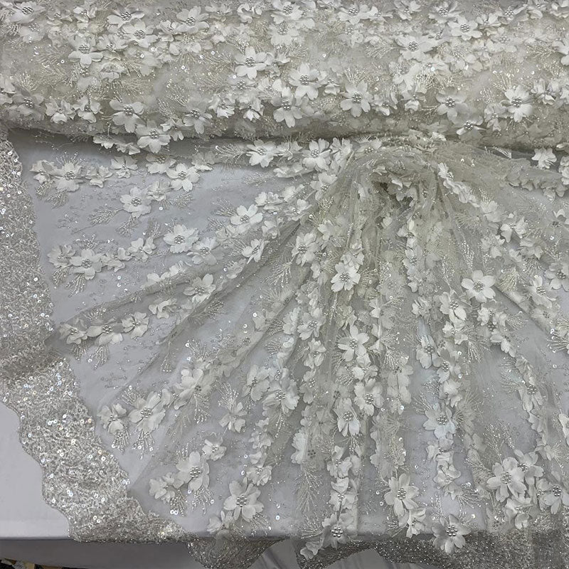 Embroidered 3D Flowers Beaded Lace Fabric With Sequins By The YardICEFABRICICE FABRICSOff WhiteEmbroidered 3D Flowers Beaded Lace Fabric With Sequins By The Yard ICEFABRIC Off White