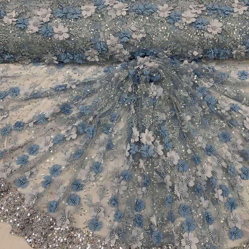 Embroidered 3D Flowers Beaded Lace Fabric With Sequins By The YardICEFABRICICE FABRICSSky BlueEmbroidered 3D Flowers Beaded Lace Fabric With Sequins By The Yard ICEFABRIC Sky Blue