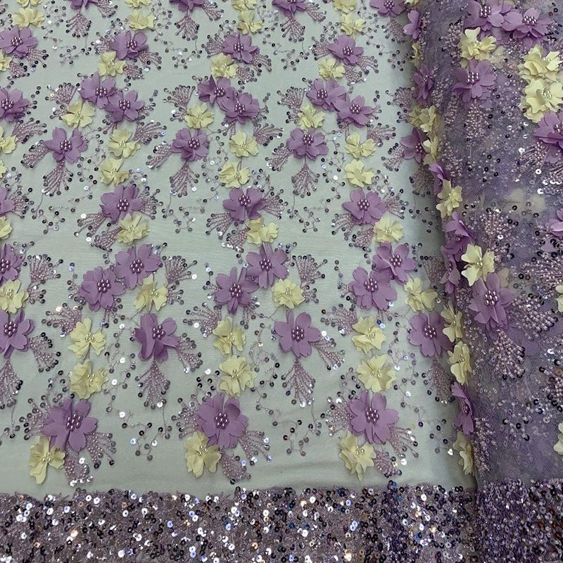 Embroidered 3D Flowers Beaded Lace Fabric With Sequins By The YardICEFABRICICE FABRICSLavenderEmbroidered 3D Flowers Beaded Lace Fabric With Sequins By The Yard ICEFABRIC Lavender