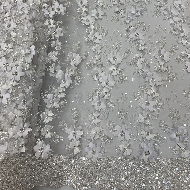 Embroidered 3D Flowers Beaded Lace Fabric With Sequins By The YardICEFABRICICE FABRICSWhiteEmbroidered 3D Flowers Beaded Lace Fabric With Sequins By The Yard ICEFABRIC White