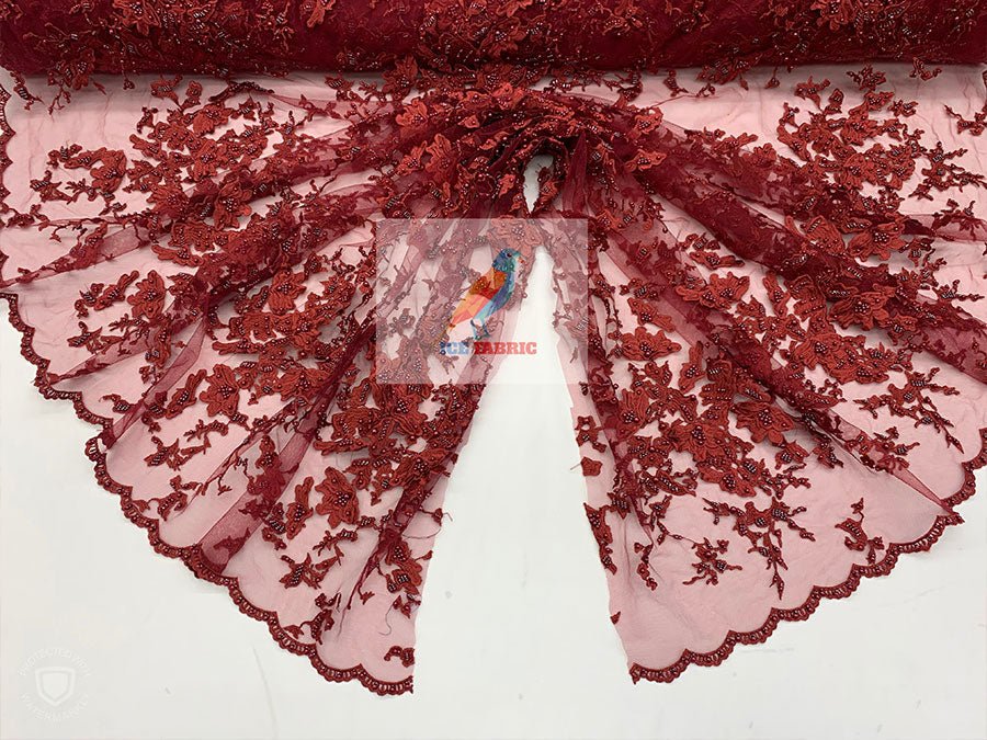 Embroidered Beaded 3D Floral Flowers Beaded Mesh Lace Fabric By The YardICEFABRICICE FABRICSBurgundyEmbroidered Beaded 3D Floral Flowers Beaded Mesh Lace Fabric By The Yard ICEFABRIC Burgundy