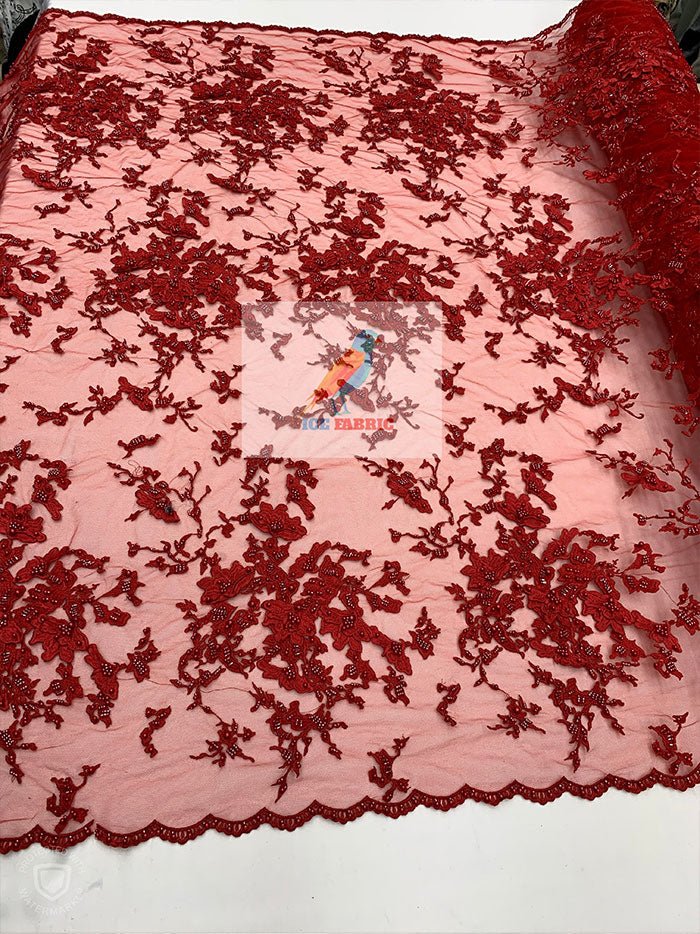 Embroidered Beaded 3D Floral Flowers Beaded Mesh Lace Fabric By The YardICEFABRICICE FABRICSRedEmbroidered Beaded 3D Floral Flowers Beaded Mesh Lace Fabric By The Yard ICEFABRIC Red