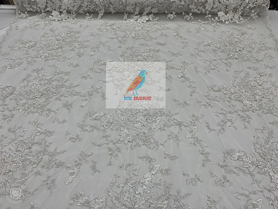 Embroidered Beaded 3D Floral Flowers Beaded Mesh Lace Fabric By The YardICEFABRICICE FABRICSOff WhiteEmbroidered Beaded 3D Floral Flowers Beaded Mesh Lace Fabric By The Yard ICEFABRIC Off White
