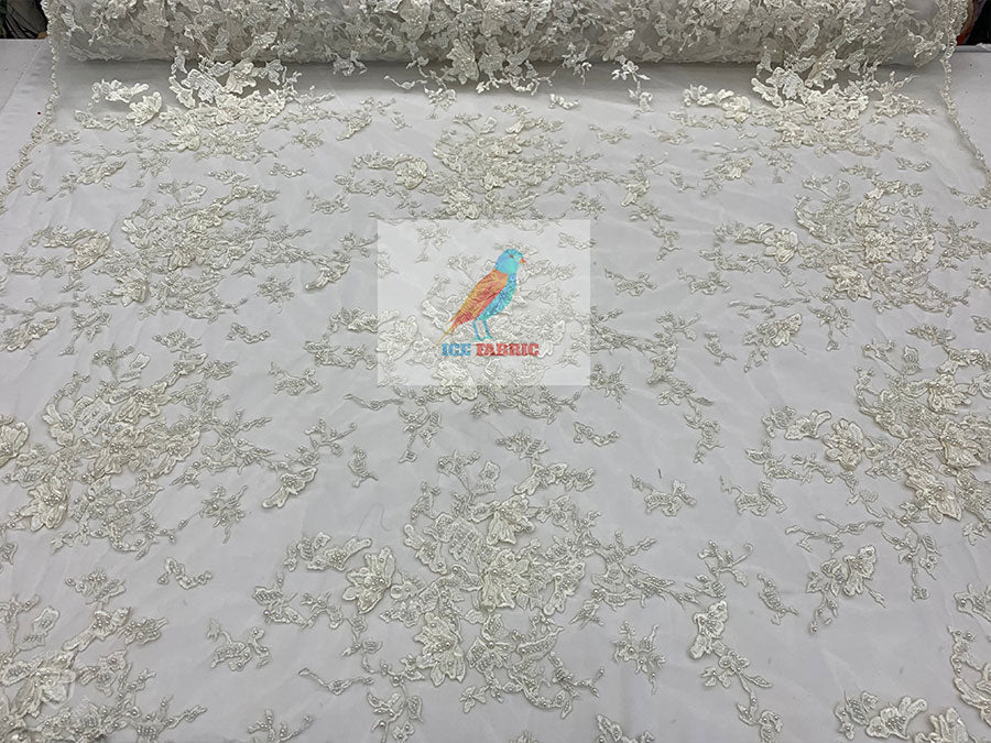 Embroidered Beaded 3D Floral Flowers Beaded Mesh Lace Fabric By The YardICEFABRICICE FABRICSIvoryEmbroidered Beaded 3D Floral Flowers Beaded Mesh Lace Fabric By The Yard ICEFABRIC Ivory