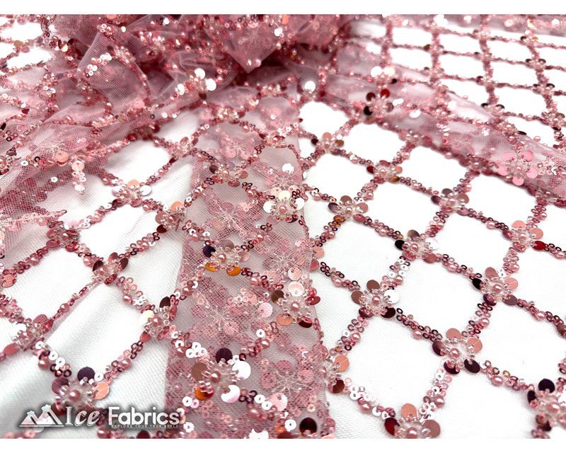 Embroidered Beaded Fabric Geometric Sequin LaceICE FABRICSICE FABRICSPink Beaded FabricPinkEmbroidered Beaded Fabric Geometric Sequin Lace ICE FABRICS Pink