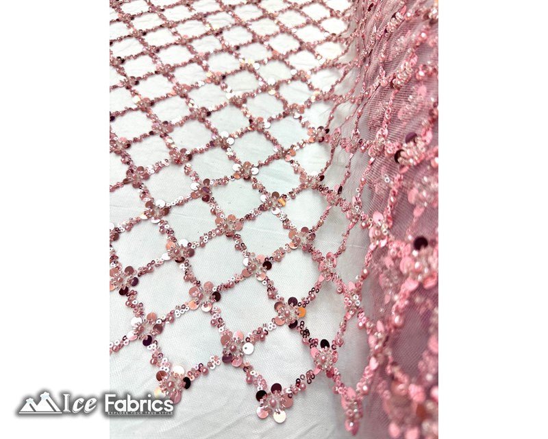 Embroidered Beaded Fabric Geometric Sequin LaceICE FABRICSICE FABRICSPink Beaded FabricPinkEmbroidered Beaded Fabric Geometric Sequin Lace ICE FABRICS Pink