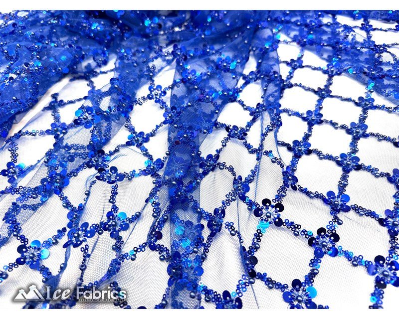 Embroidered Beaded Fabric Geometric Sequin LaceICE FABRICSICE FABRICSRoyal Blue Beaded FabricRoyal BlueEmbroidered Beaded Fabric Geometric Sequin Lace ICE FABRICS Royal Blue