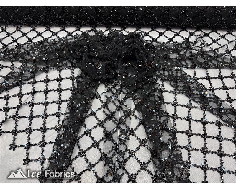 Embroidered Beaded Fabric Geometric Sequin LaceICE FABRICSICE FABRICSBlack Beaded FabricBlackEmbroidered Beaded Fabric Geometric Sequin Lace ICE FABRICS Black