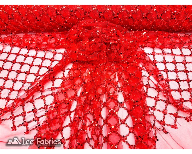 Embroidered Beaded Fabric Geometric Sequin LaceICE FABRICSICE FABRICSRed Beaded FabricRedEmbroidered Beaded Fabric Geometric Sequin Lace ICE FABRICS Red