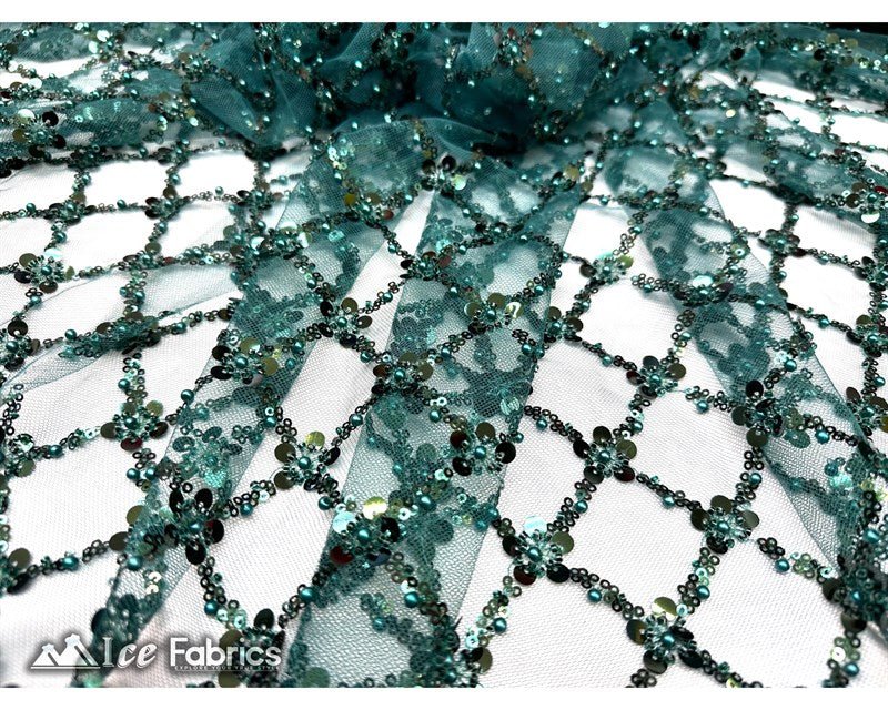 Embroidered Beaded Fabric Geometric Sequin LaceICE FABRICSICE FABRICSHunter Green Beaded FabricHunter GreenEmbroidered Beaded Fabric Geometric Sequin Lace ICE FABRICS Hunter Green