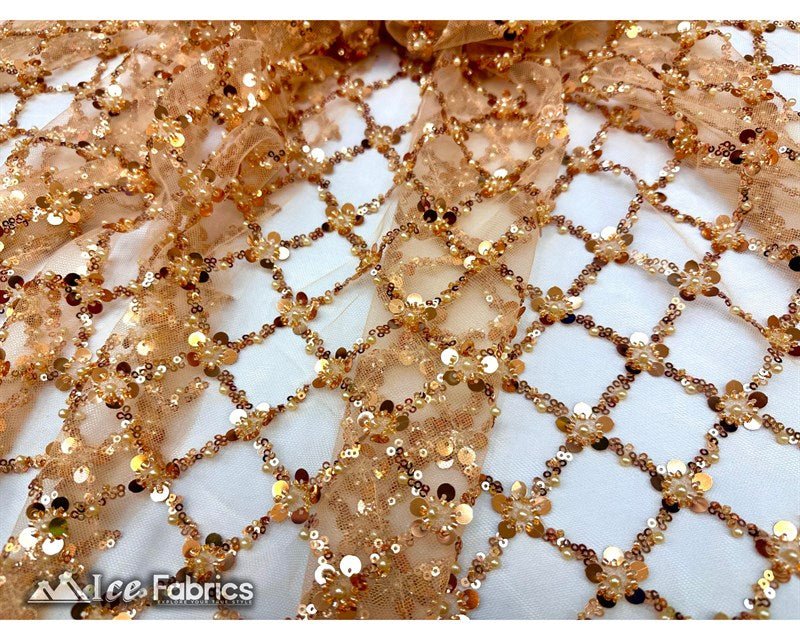 Embroidered Beaded Fabric Geometric Sequin LaceICE FABRICSICE FABRICSGold Beaded FabricGoldEmbroidered Beaded Fabric Geometric Sequin Lace ICE FABRICS Gold
