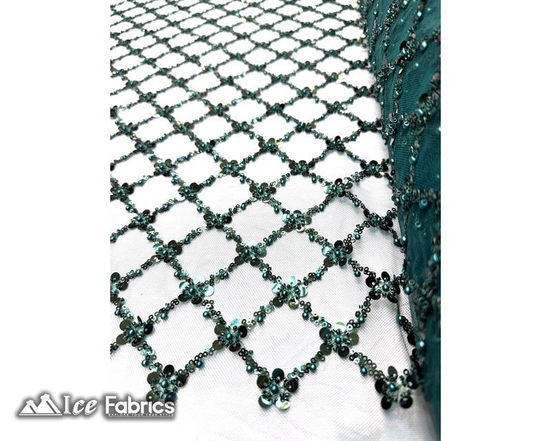Embroidered Beaded Fabric Geometric Sequin LaceICE FABRICSICE FABRICSHunter Green Beaded FabricHunter GreenEmbroidered Beaded Fabric Geometric Sequin Lace ICE FABRICS Hunter Green