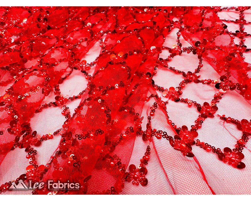 Embroidered Beaded Fabric Geometric Sequin LaceICE FABRICSICE FABRICSRed Beaded FabricRedEmbroidered Beaded Fabric Geometric Sequin Lace ICE FABRICS Red