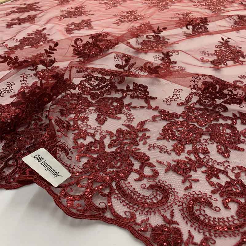 Embroidered Bridal Fabric Mesh Lace Floral Flowers Fabric Sold by the YardICEFABRICICE FABRICSBurgundyEmbroidered Bridal Fabric Mesh Lace Floral Flowers Fabric Sold by the Yard ICEFABRIC Burgundy