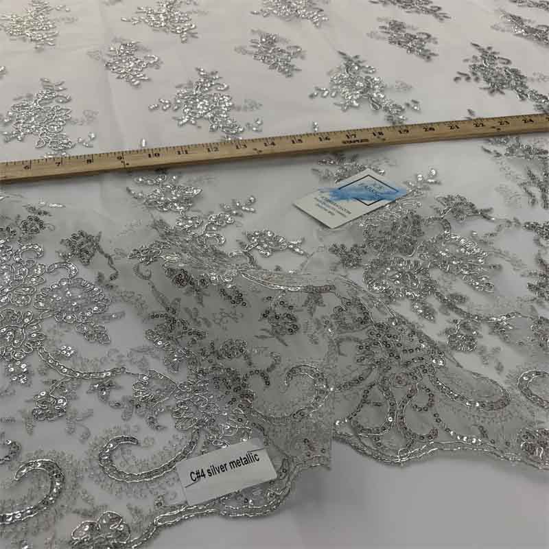 Embroidered Bridal Fabric Mesh Lace Floral Flowers Fabric Sold by the YardICEFABRICICE FABRICSMetallic SilverEmbroidered Bridal Fabric Mesh Lace Floral Flowers Fabric Sold by the Yard ICEFABRIC Metallic Silver