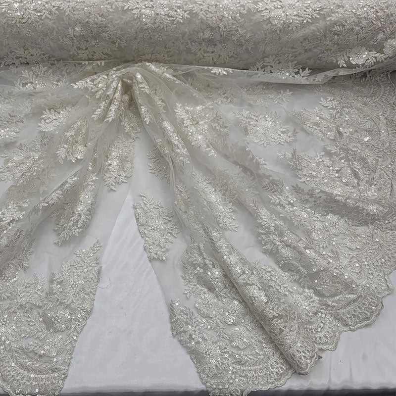 Embroidered Corded Metallic Flowers On Mesh Lace Fabric With SequinsICEFABRICICE FABRICSOff WhiteEmbroidered Corded Metallic Flowers On Mesh Lace Fabric With Sequins ICEFABRIC Off White