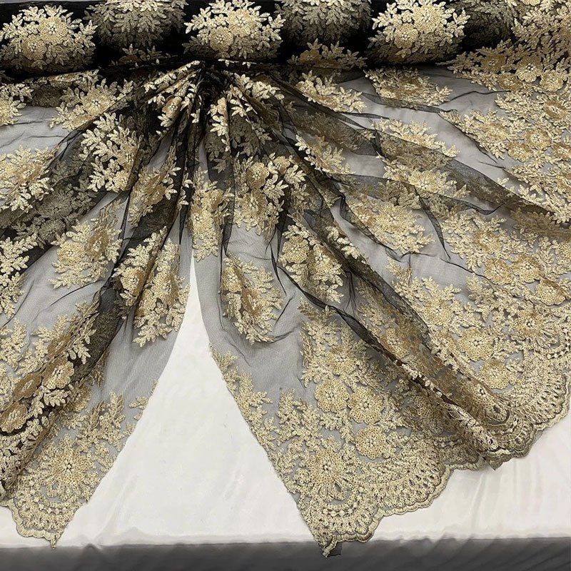 Embroidered Corded Metallic Flowers On Mesh Lace Fabric With SequinsICEFABRICICE FABRICSBlack/GoldEmbroidered Corded Metallic Flowers On Mesh Lace Fabric With Sequins ICEFABRIC Black/Gold