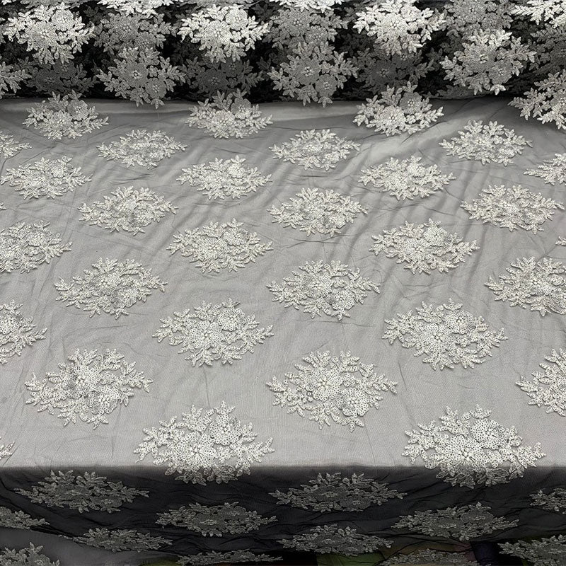 Embroidered Corded Metallic Flowers On Mesh Lace Fabric With SequinsICEFABRICICE FABRICSBlack/WhiteEmbroidered Corded Metallic Flowers On Mesh Lace Fabric With Sequins ICEFABRIC Black/White