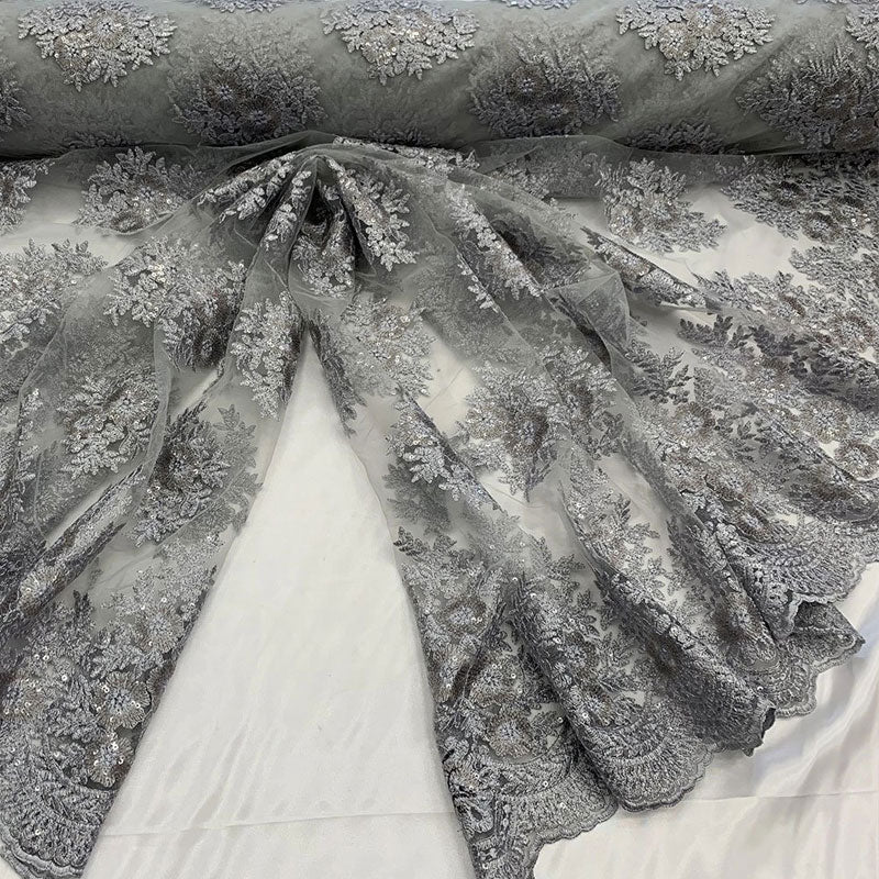 Embroidered Corded Metallic Flowers On Mesh Lace Fabric With SequinsICEFABRICICE FABRICSGrayEmbroidered Corded Metallic Flowers On Mesh Lace Fabric With Sequins ICEFABRIC Gray