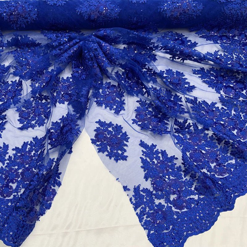 Embroidered Corded Metallic Flowers On Mesh Lace Fabric With SequinsICEFABRICICE FABRICSRoyal BlueEmbroidered Corded Metallic Flowers On Mesh Lace Fabric With Sequins ICEFABRIC Royal Blue