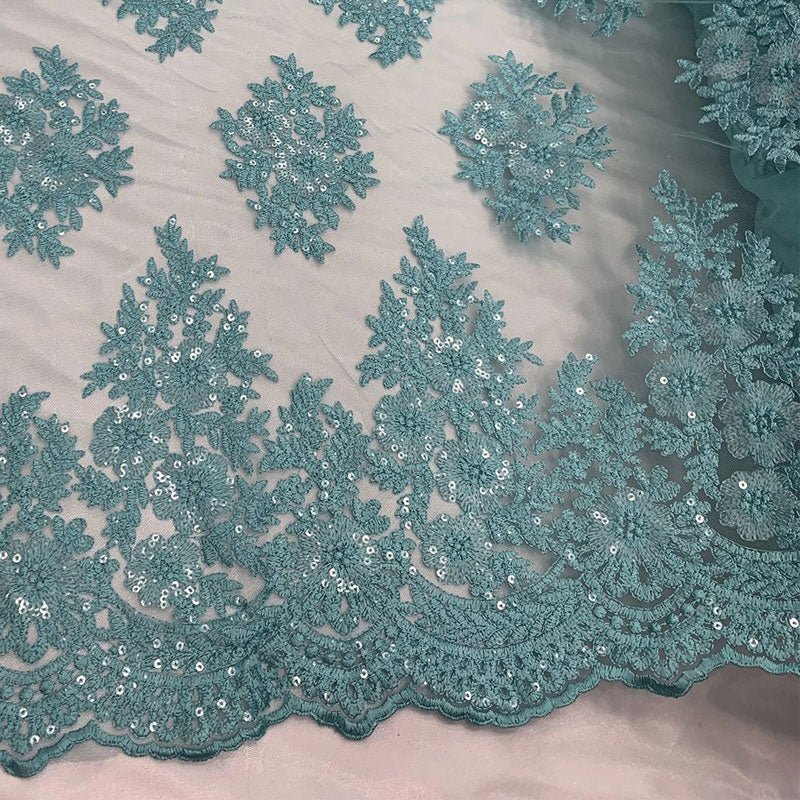 Embroidered Corded Metallic Flowers On Mesh Lace Fabric With SequinsICEFABRICICE FABRICSOff WhiteEmbroidered Corded Metallic Flowers On Mesh Lace Fabric With Sequins ICEFABRIC Aqua