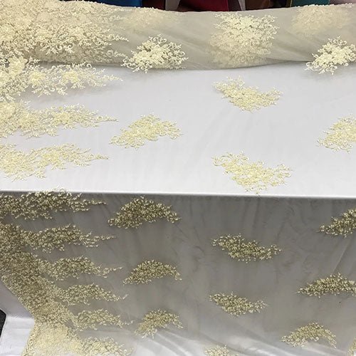 Embroidered Cream Lace Fabric Sequins With BeadsICE FABRICSICE FABRICSEmbroidered Cream Lace Fabric Sequins With Beads ICE FABRICS