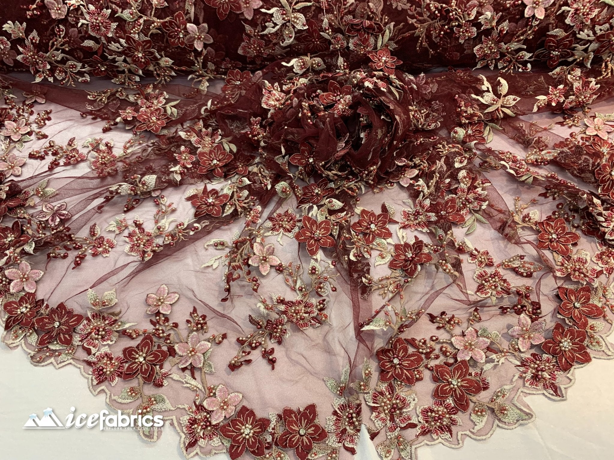 Embroidered Fabric/ 3D Flowers Beaded Fabric/ Lace Fabric/ BurgundyICE FABRICSICE FABRICSBurgundyEmbroidered Fabric/ 3D Flowers Beaded Fabric/ Lace Fabric/ Burgundy ICE FABRICS