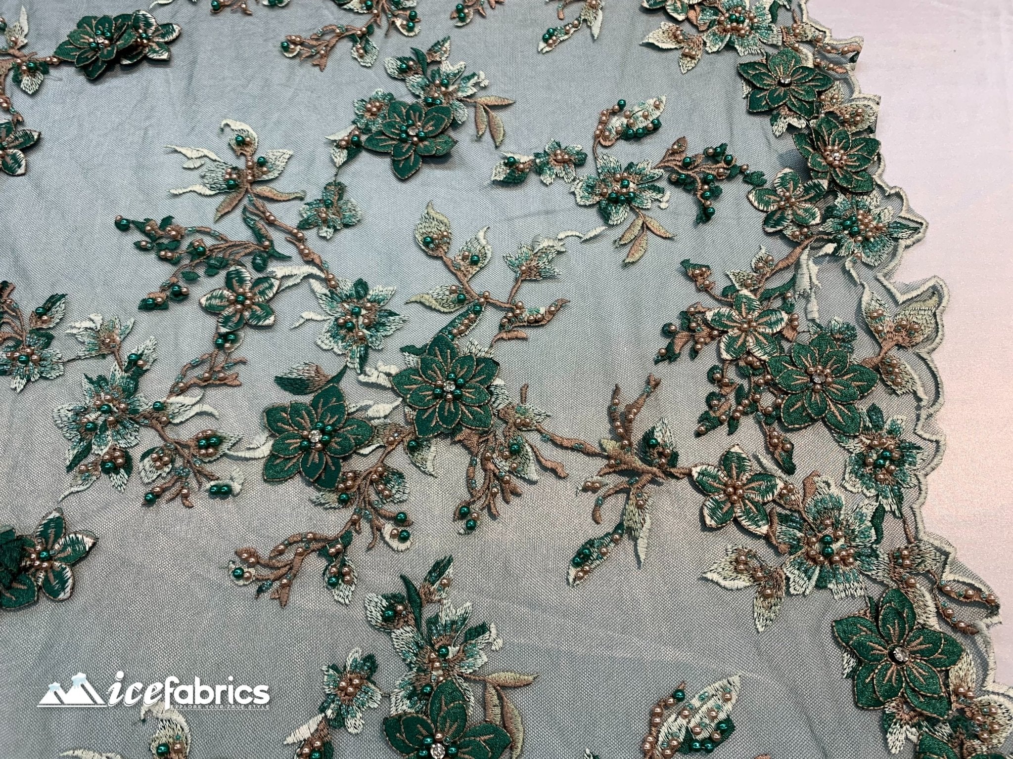 Embroidered Fabric/ 3D Flowers Beaded Fabric/ Lace Fabric/ Hunter GreenICE FABRICSICE FABRICSHunter GreenEmbroidered Fabric/ 3D Flowers Beaded Fabric/ Lace Fabric/ Hunter Green ICE FABRICS