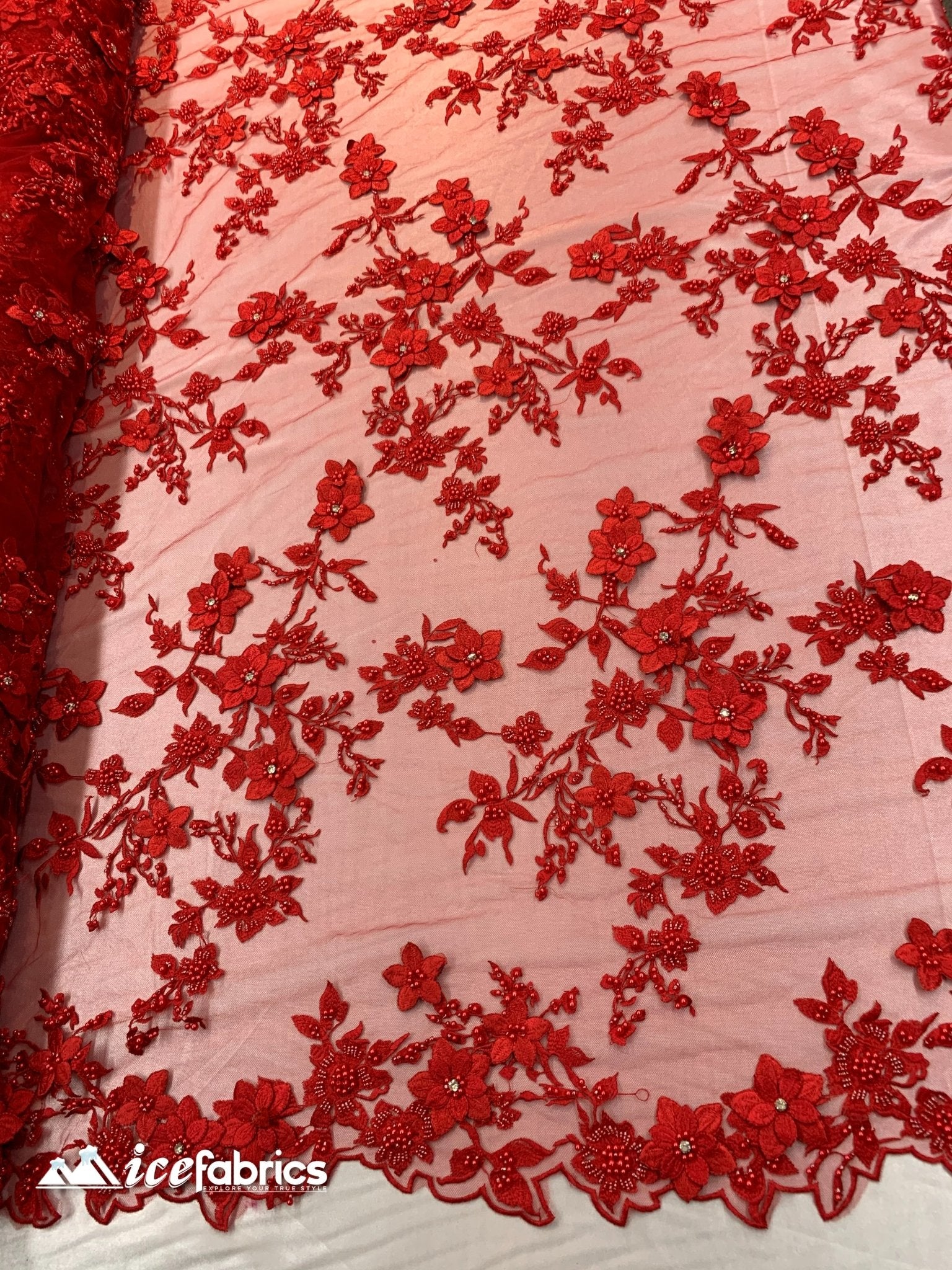 Embroidered Fabric/ 3D Flowers Beaded Fabric/ Lace Fabric/ RedICE FABRICSICE FABRICSRedEmbroidered Fabric/ 3D Flowers Beaded Fabric/ Lace Fabric/ Red ICE FABRICS