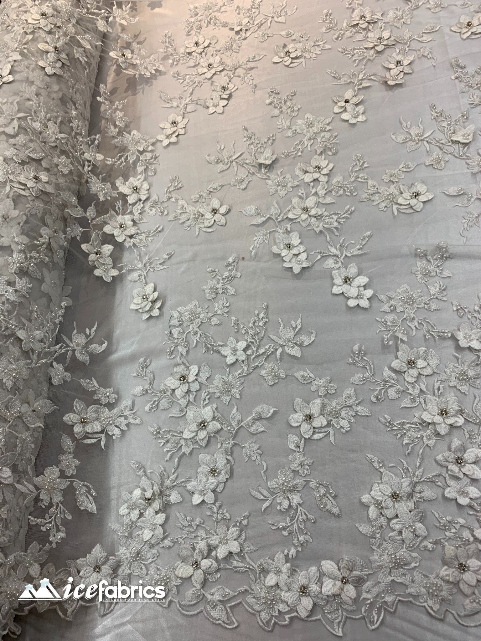 Embroidered Fabric/ 3D Flowers Beaded Fabric/ Lace Fabric/ WhiteICE FABRICSICE FABRICSWhiteEmbroidered Fabric/ 3D Flowers Beaded Fabric/ Lace Fabric/ White ICE FABRICS