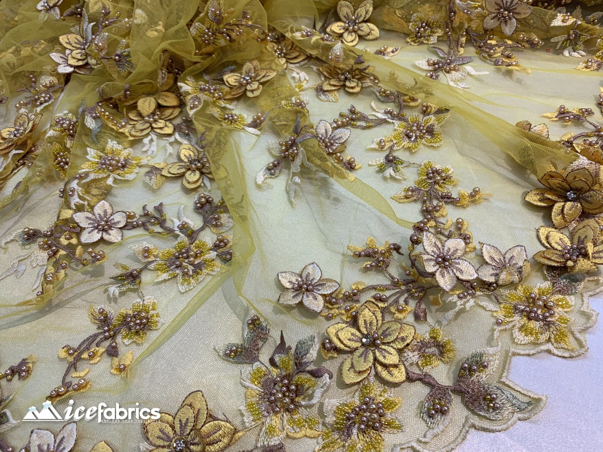 Embroidered Fabric/ 3D Flowers Beaded Fabric/ Lace Fabric/ YellowICE FABRICSICE FABRICSYellowEmbroidered Fabric/ 3D Flowers Beaded Fabric/ Lace Fabric/ Yellow ICE FABRICS