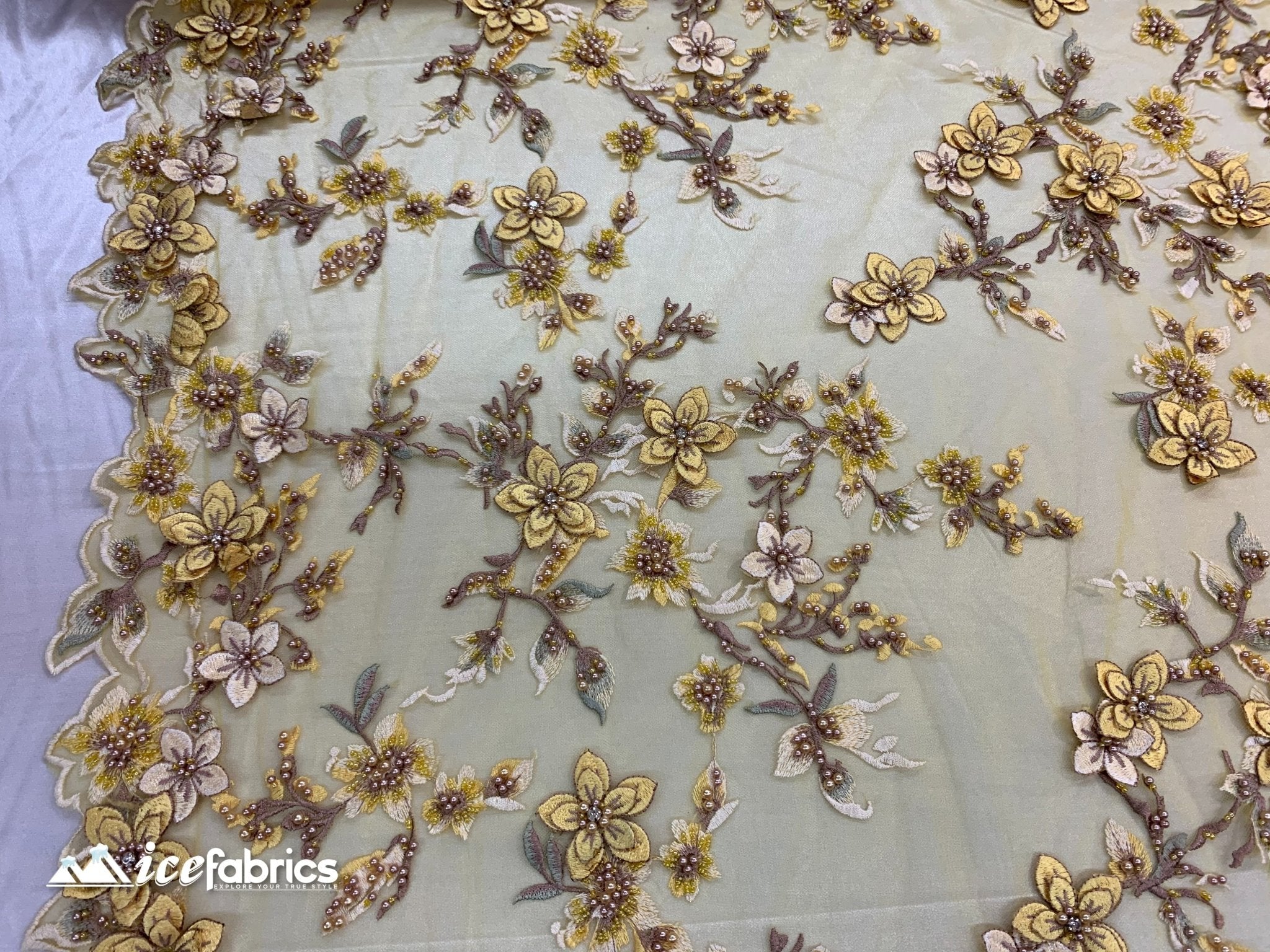 Embroidered Fabric/ 3D Flowers Beaded Fabric/ Lace Fabric/ YellowICE FABRICSICE FABRICSYellowEmbroidered Fabric/ 3D Flowers Beaded Fabric/ Lace Fabric/ Yellow ICE FABRICS