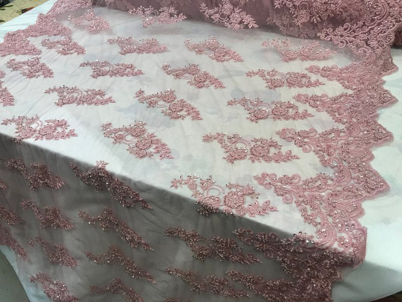 Embroidered Mesh Floral Beaded Lace Fabric By The YardICEFABRICICE FABRICSDusty RoseEmbroidered Mesh Floral Beaded Lace Fabric By The Yard ICEFABRIC Dusty Rose