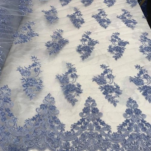 Embroidered Mesh Floral Beaded Lace Fabric By The YardICEFABRICICE FABRICSPowder BlueEmbroidered Mesh Floral Beaded Lace Fabric By The Yard ICEFABRIC Powder Blue